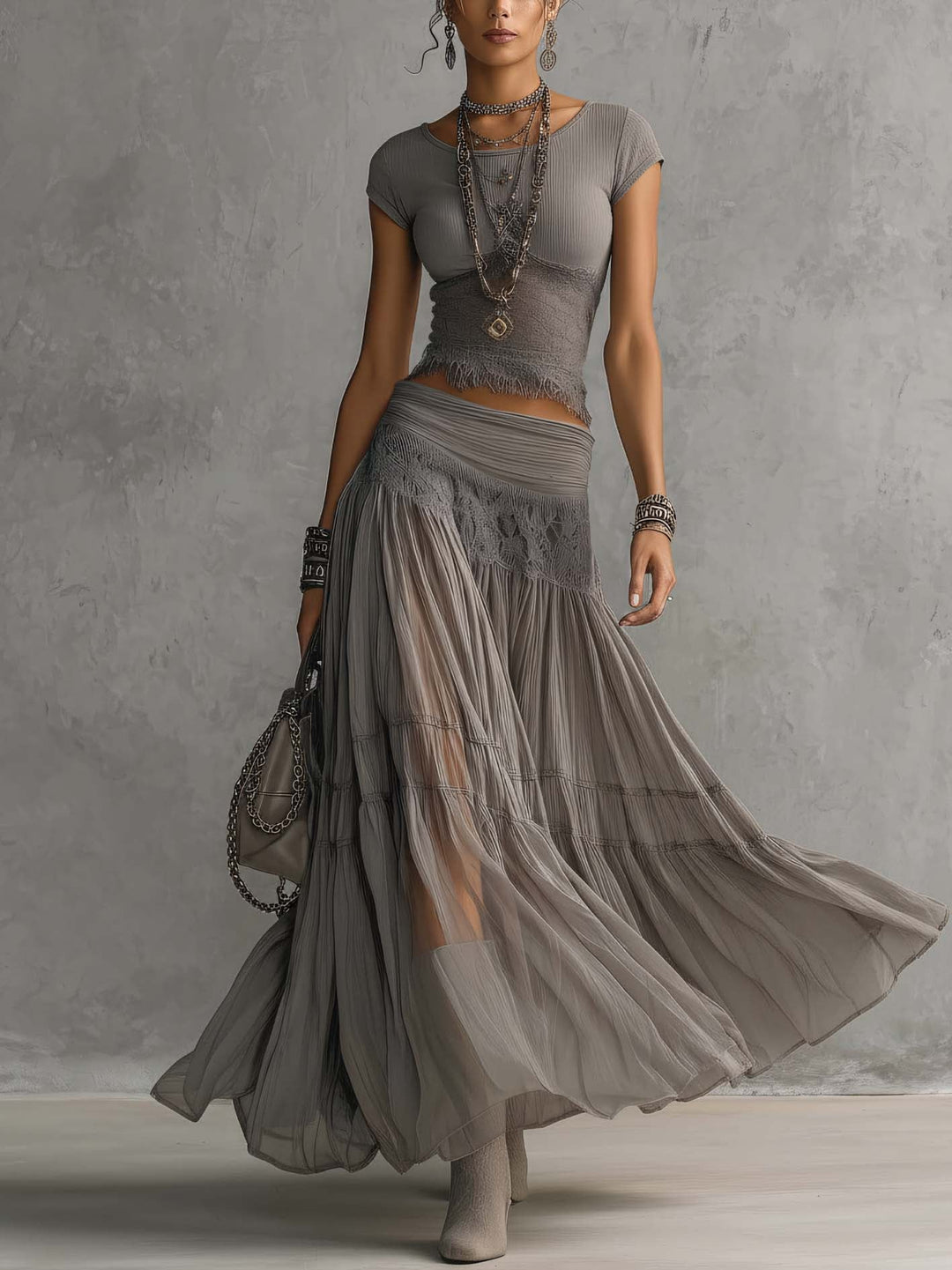 SYLVIA | LACE-PANELLED TOP & PLEATED MAXI SKIRT SET