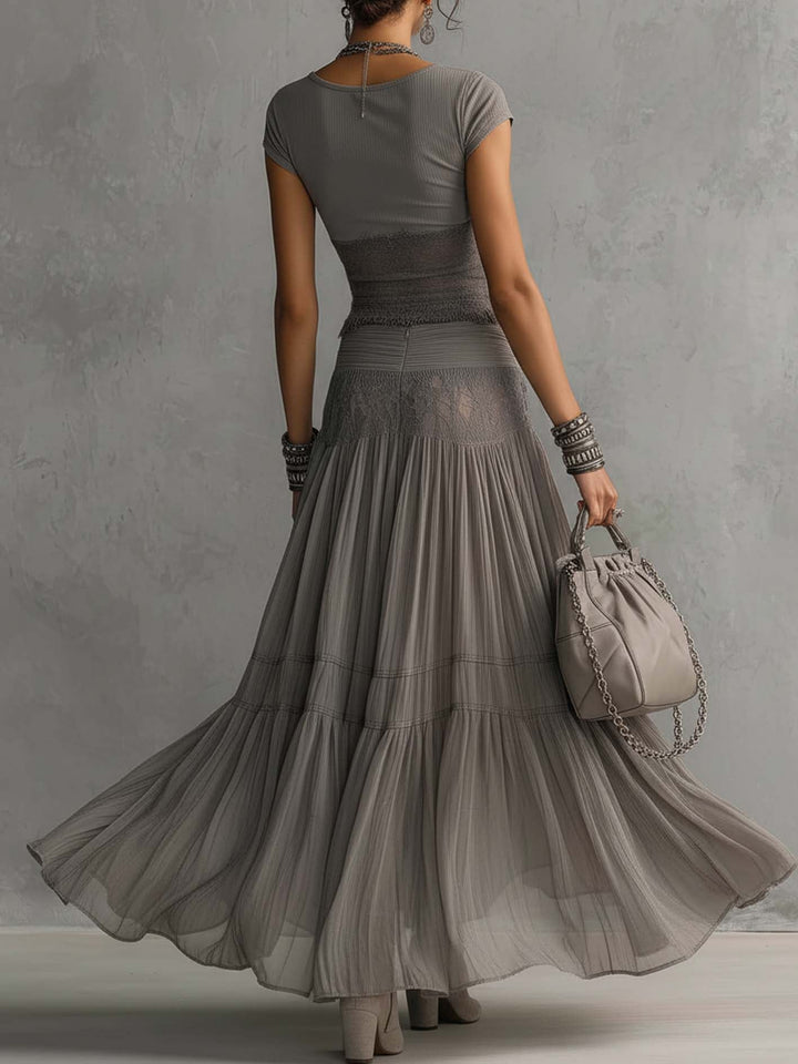 SYLVIA | LACE-PANELLED TOP & PLEATED MAXI SKIRT SET