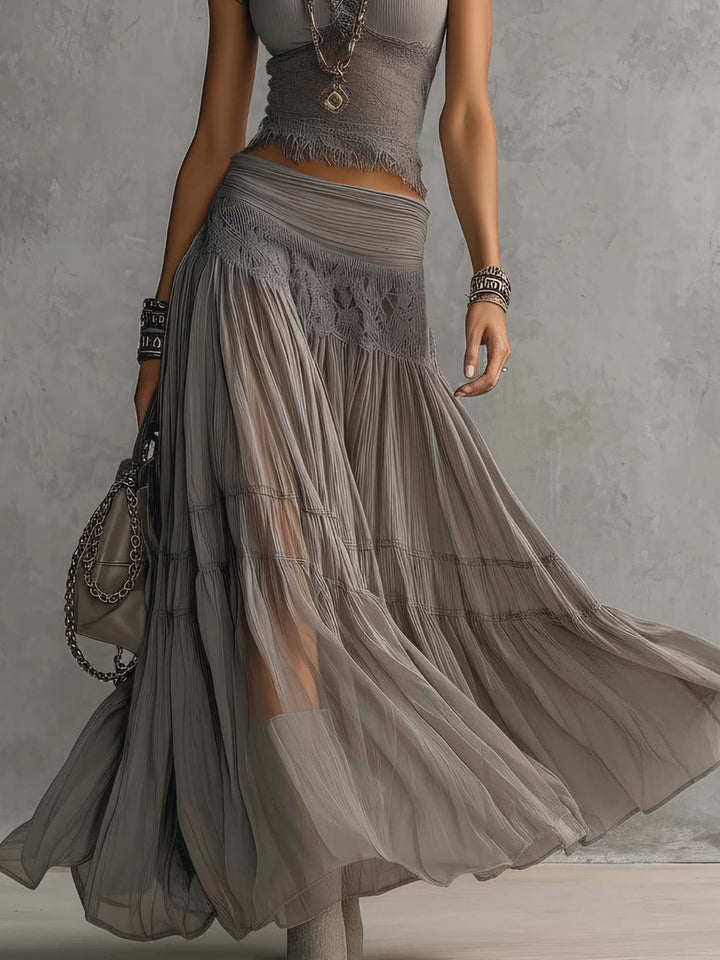 SYLVIA | LACE-PANELLED TOP & PLEATED MAXI SKIRT SET