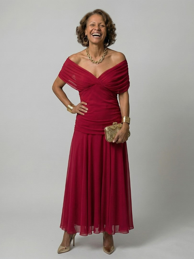 CINDRY | OFF SHOULDER FLOW MIDI DRESS