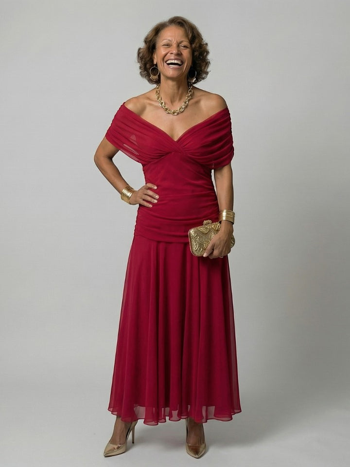 CINDRY | OFF SHOULDER FLOW MIDI DRESS