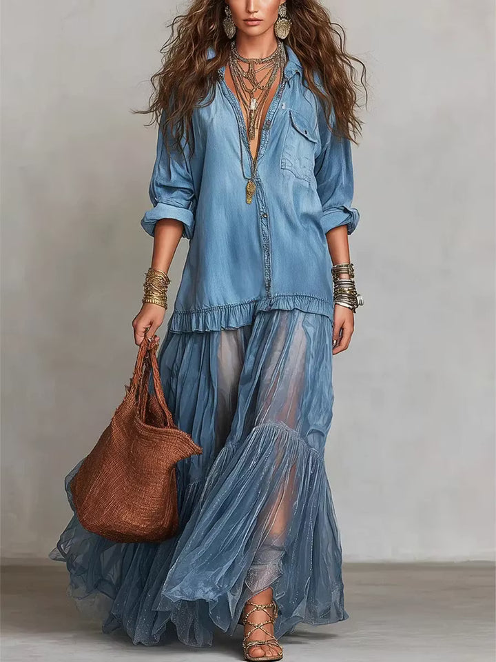 ALMA | DENIM & ORGANZA PATCHWORK MAXI DRESS