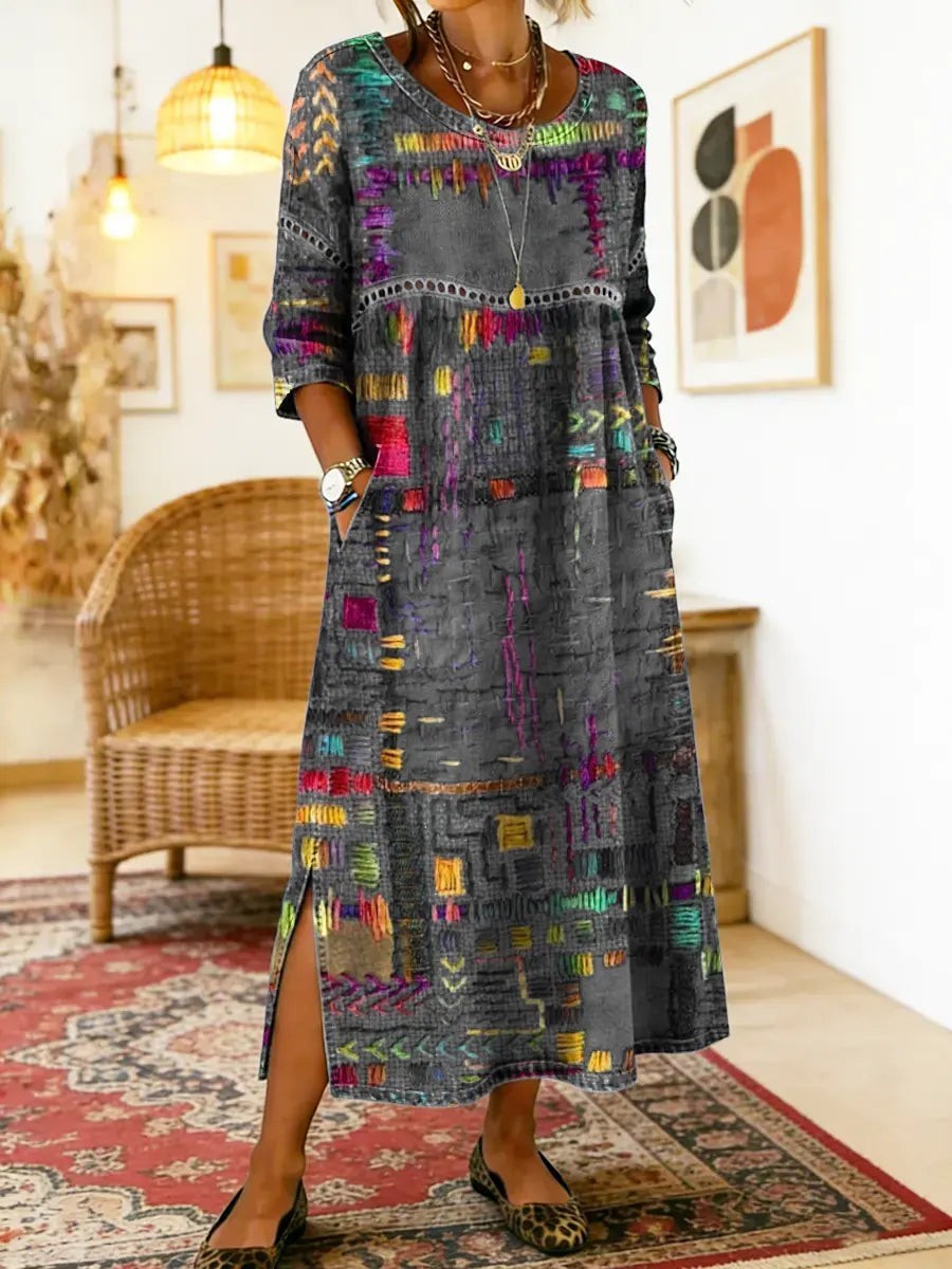 MANUELA | DENIM DRESS WITH ETHNIC PATCHWORK