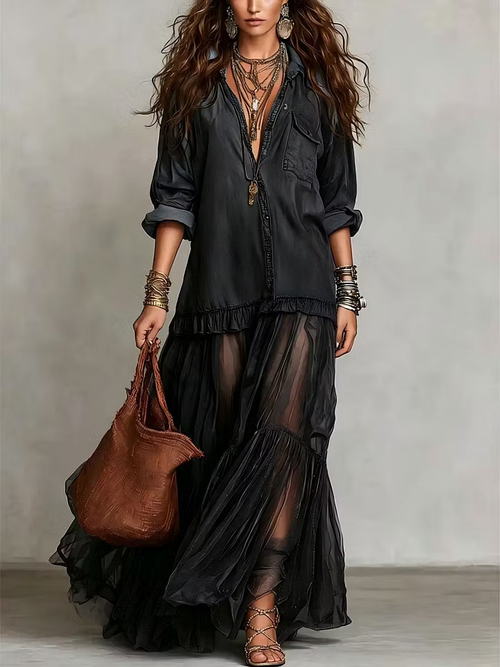 ALMA | DENIM & ORGANZA PATCHWORK MAXI DRESS
