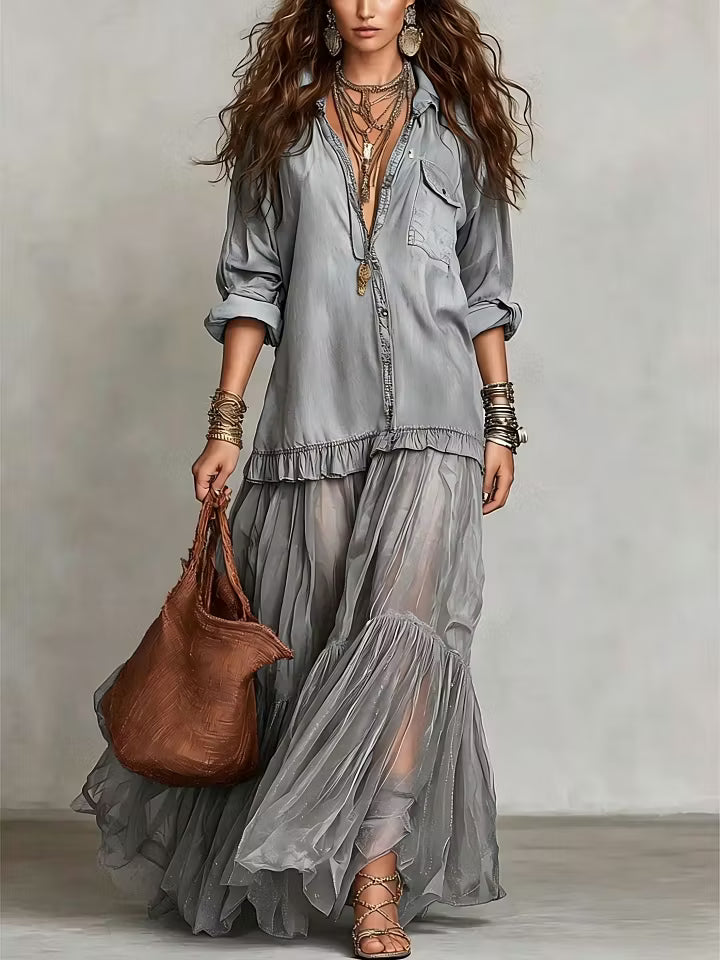ALMA | DENIM & ORGANZA PATCHWORK MAXI DRESS