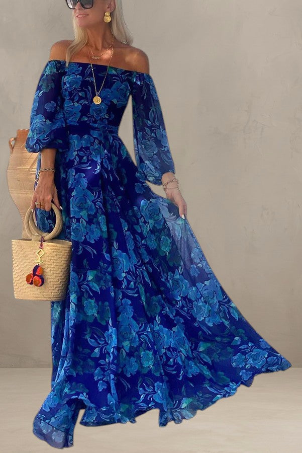LUNA | LONG FLORAL PRINT DRESS WITH OFF-THE-SHOULDER SLEEVES