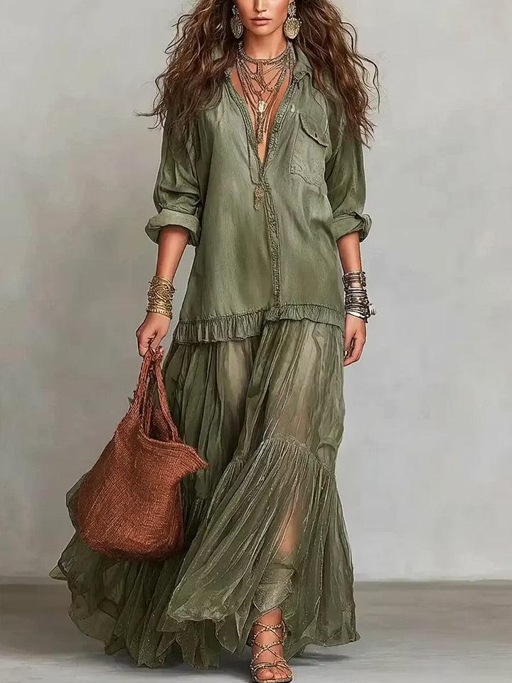 ALMA | DENIM & ORGANZA PATCHWORK MAXI DRESS