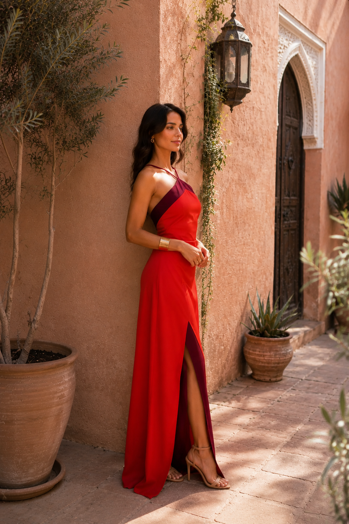 EVELINA | BOLD RED HALTER MAXI DRESS