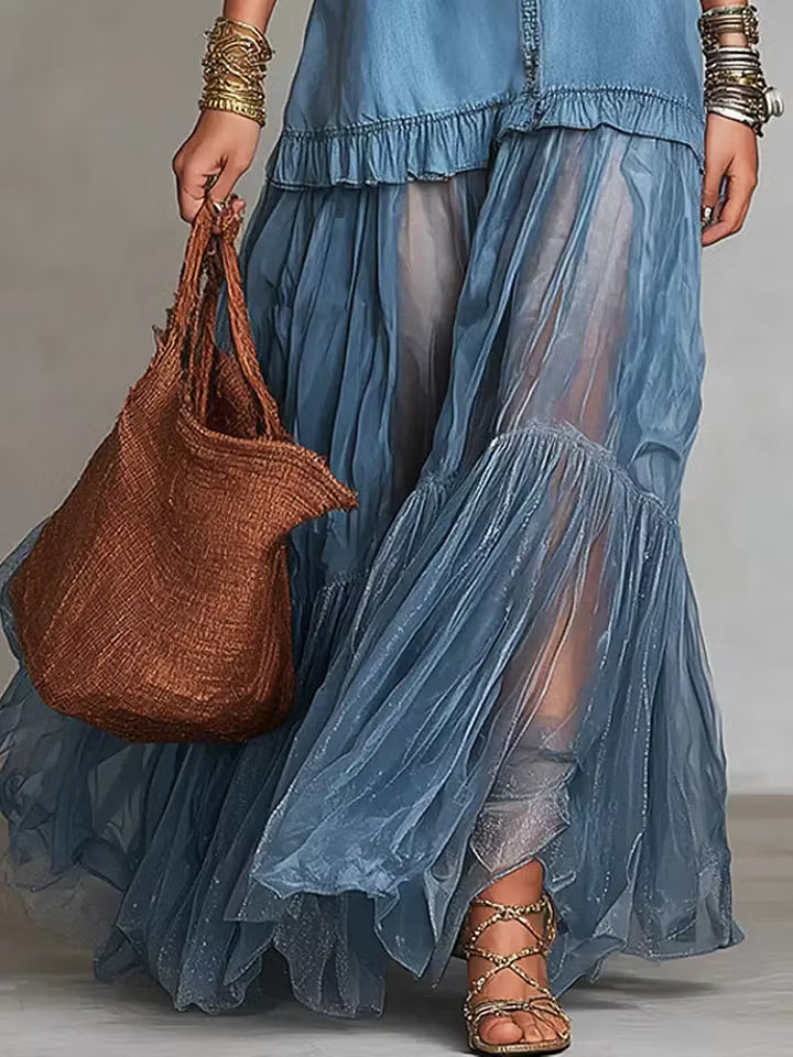 ALMA | DENIM & ORGANZA PATCHWORK MAXI DRESS