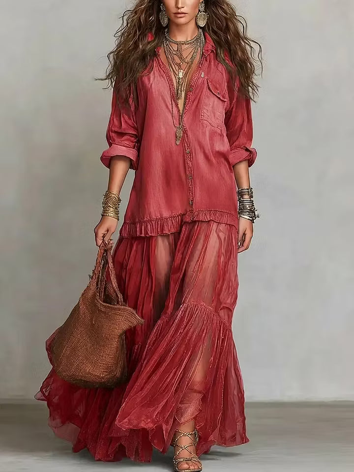 ALMA | DENIM & ORGANZA PATCHWORK MAXI DRESS