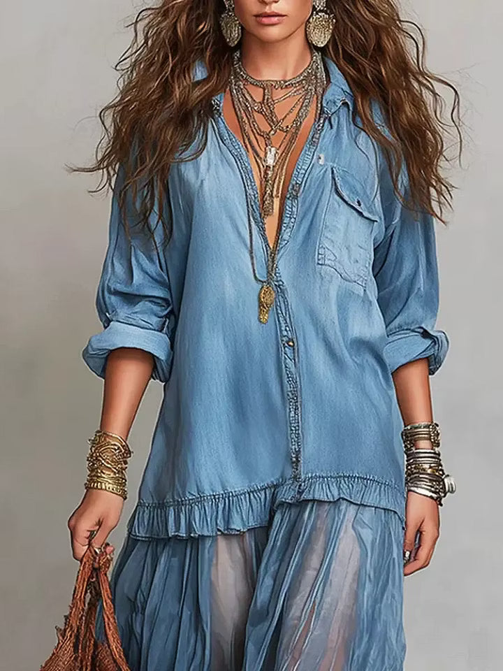 ALMA | DENIM & ORGANZA PATCHWORK MAXI DRESS
