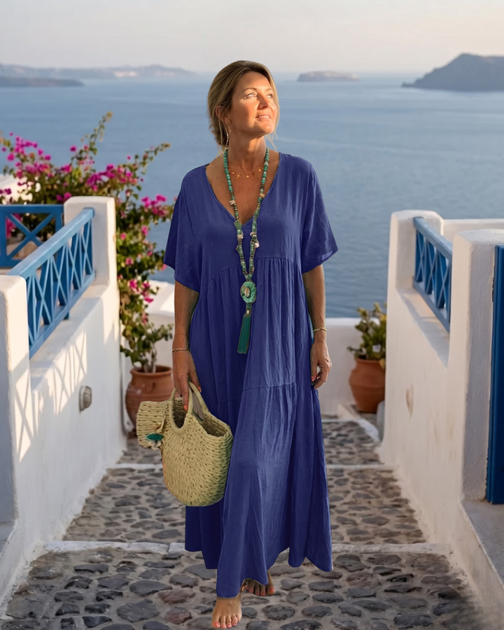 ALIDA | V NECK SHORT SLEEVE MIDI DRESS