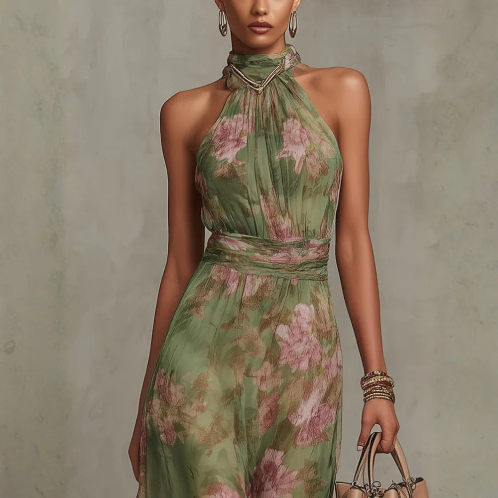 CHRISTABEL - FLORAL HALTER NECK CHIFFON MAXI DRESS