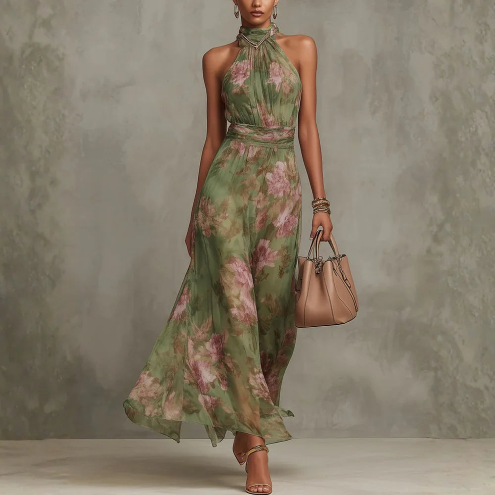 CHRISTABEL - FLORAL HALTER NECK CHIFFON MAXI DRESS