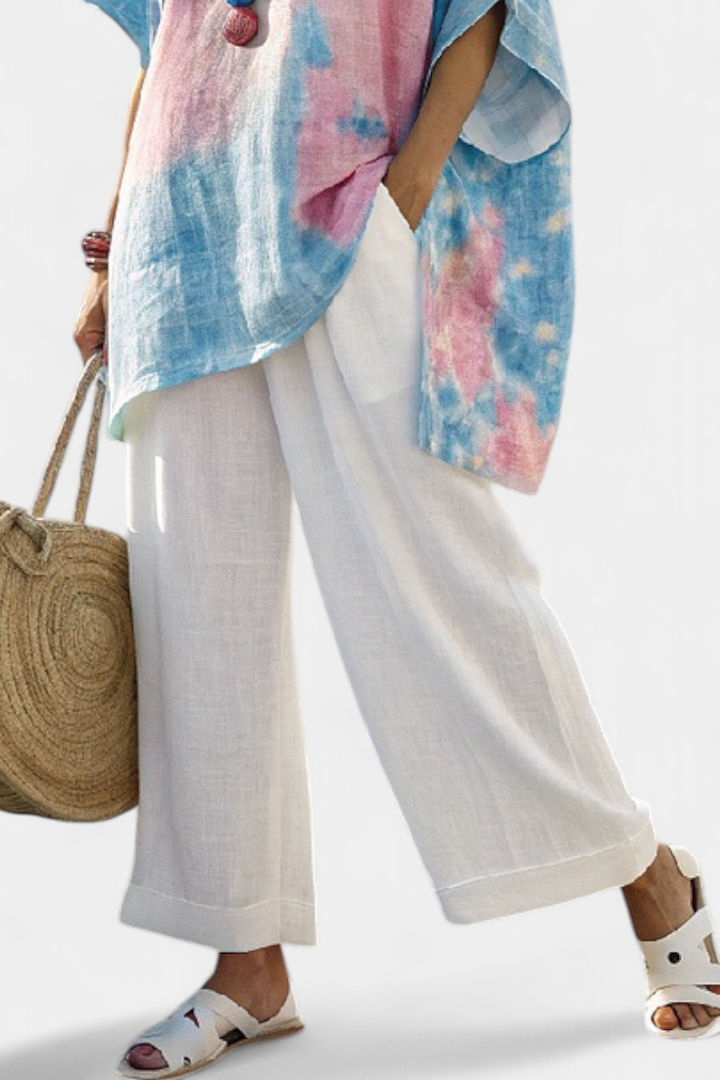 VANTREL | COMFORTABLE RELAXED LINEN TOP & STRIPED BAMBOO TROUSERS