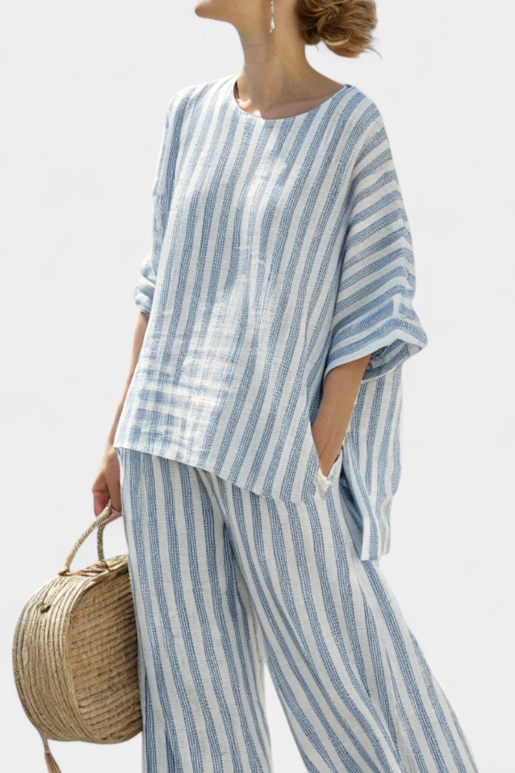 RENSLEIGH | SOPHISTICATED BLUE STRIPED LINEN TOP & RELAXED TROUSERS