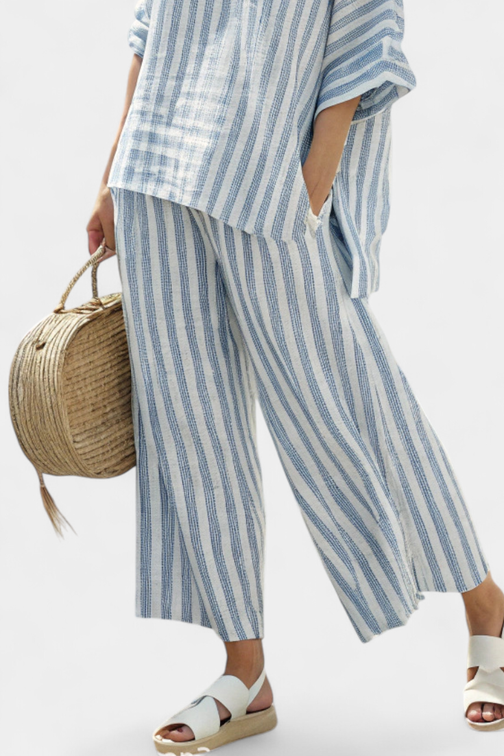 RENSLEIGH | SOPHISTICATED BLUE STRIPED LINEN TOP & RELAXED TROUSERS