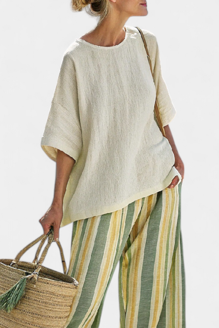 ELLOWYN | SOPHISTICATED TOP & STRIPED LINEN TROUSERS