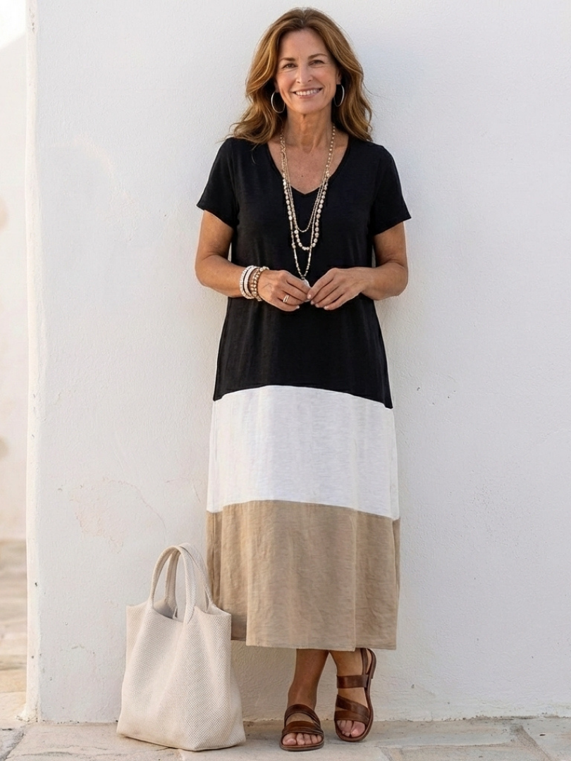 THALIA | SHORT SLEEVE COLOUR BLOCK V NECK MIDI DRESS