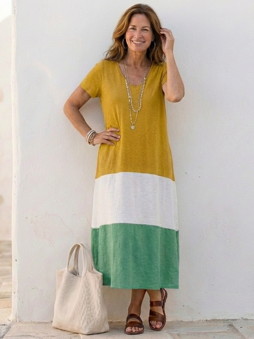 THALIA | SHORT SLEEVE COLOUR BLOCK V NECK MIDI DRESS