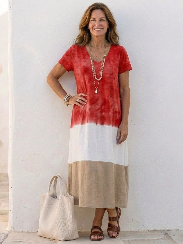 THALIA | SHORT SLEEVE COLOUR BLOCK V NECK MIDI DRESS