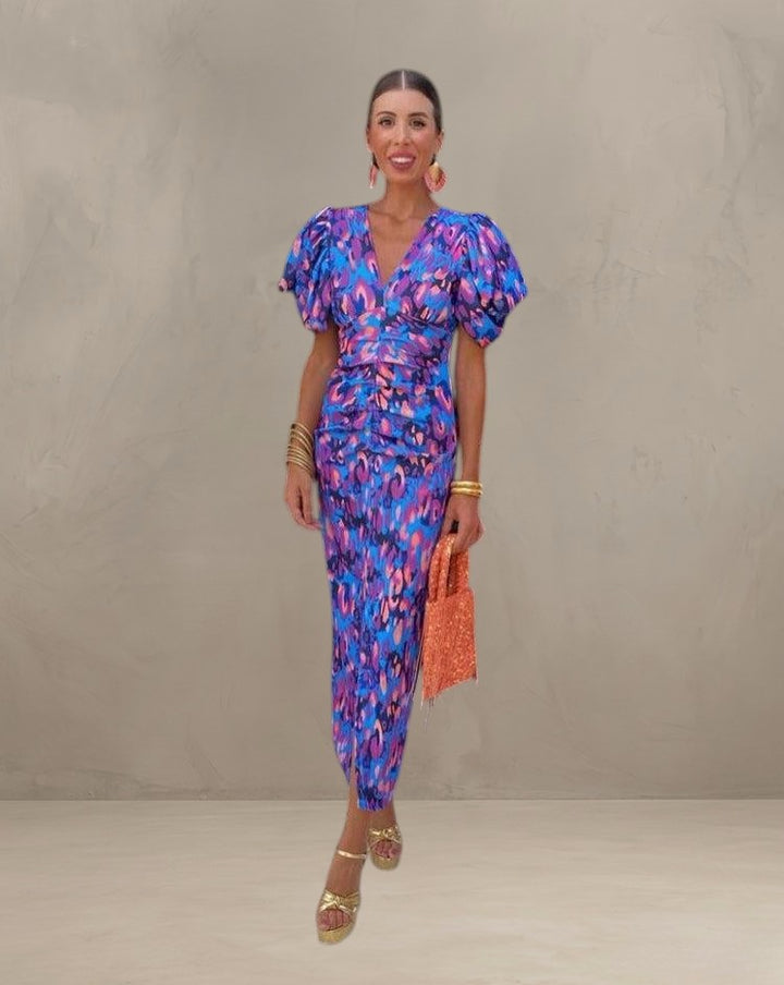 DEBORAH | VIBRANT MIDI DRESS WITH PUFF SLEEVES