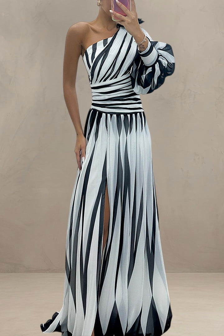 HAZEL | ELEGANT STRIPED MAXI DRESS WITH ONE SHOULDER