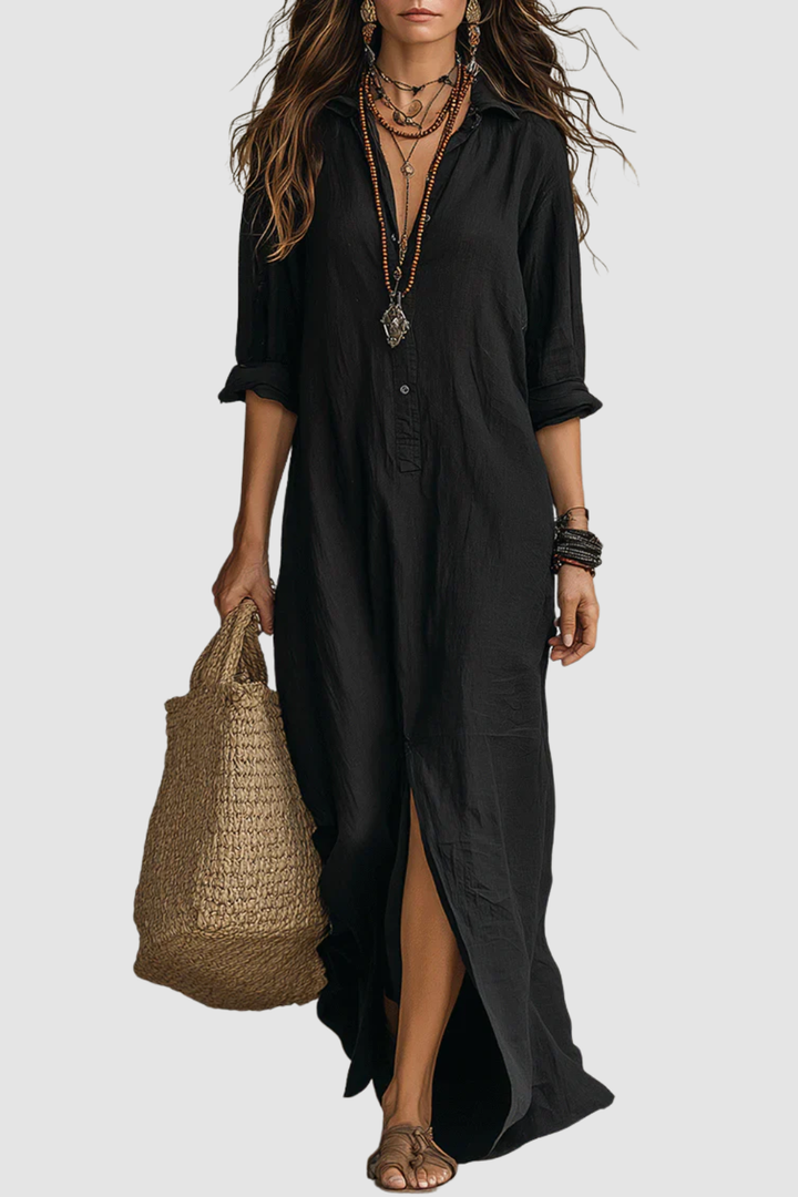 Freya | Long Black Dress with Buttons