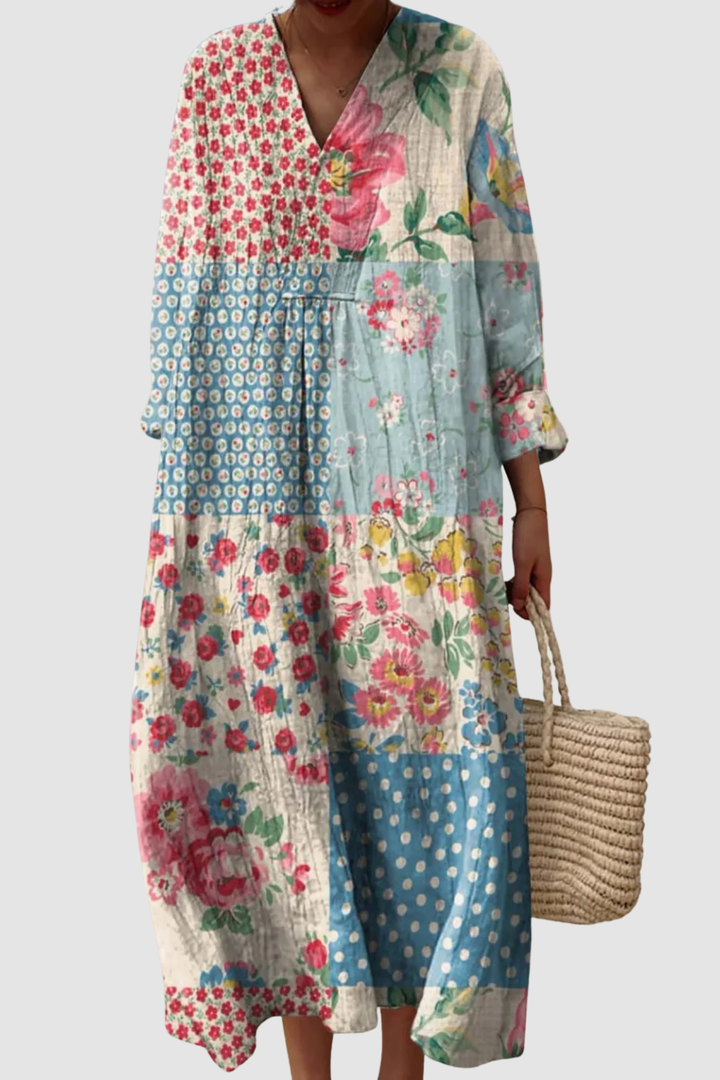 LYNN | VINTAGE FLORAL PATCHWORK PATTERN ART PRINT DRESS